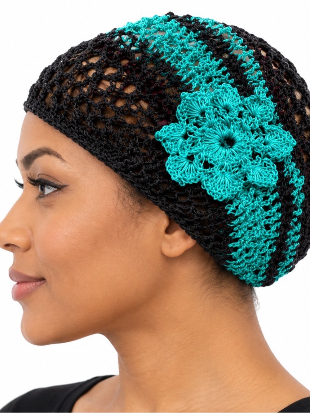 Black and Teal Crochet Flower Slouch Hat for Women